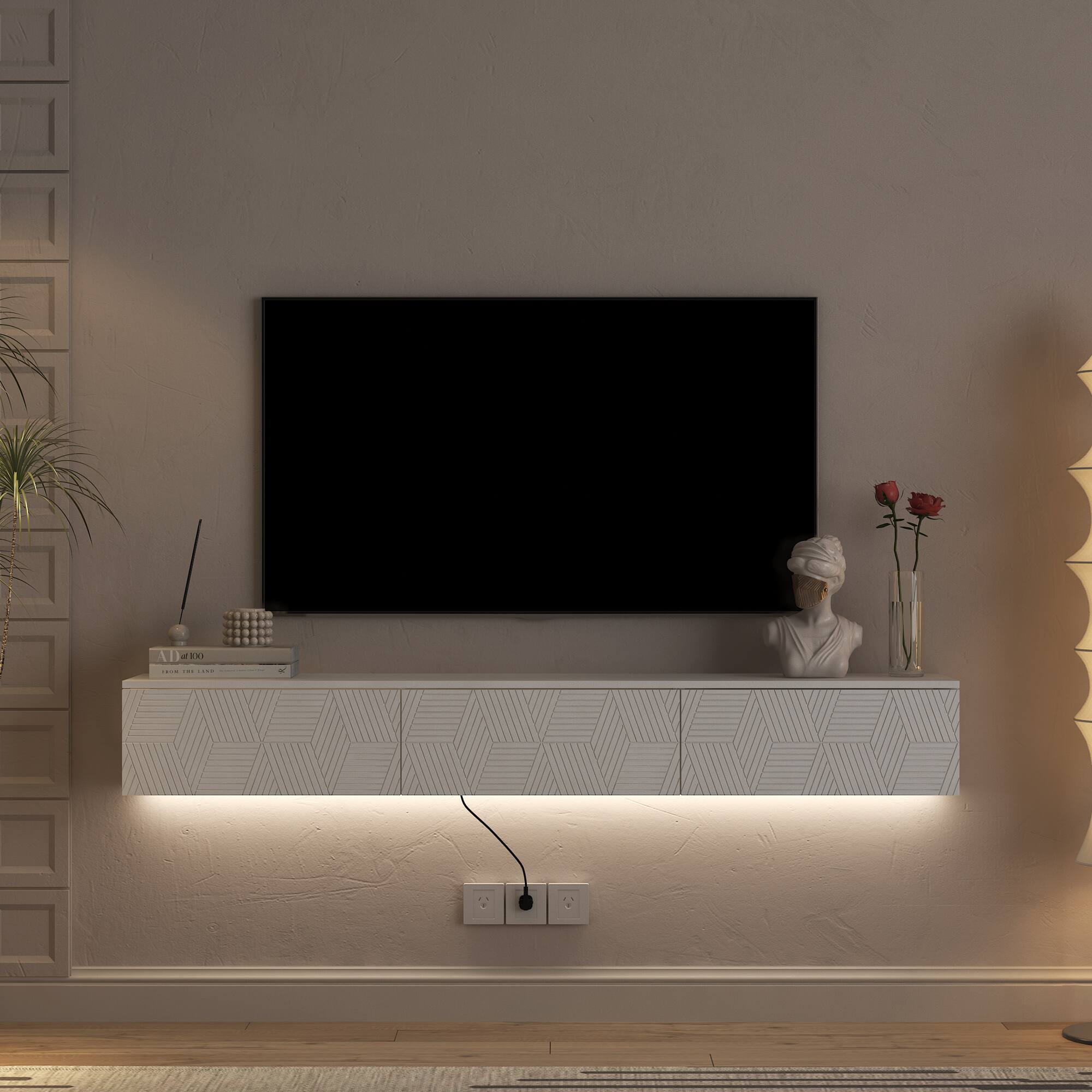 Left. APRILSOUL - Floating TV Stand Wall Mounted with 16 Color LEDs 67Inch Modern TV Stand Floating TV Cabinet Entertainment Center White - White.