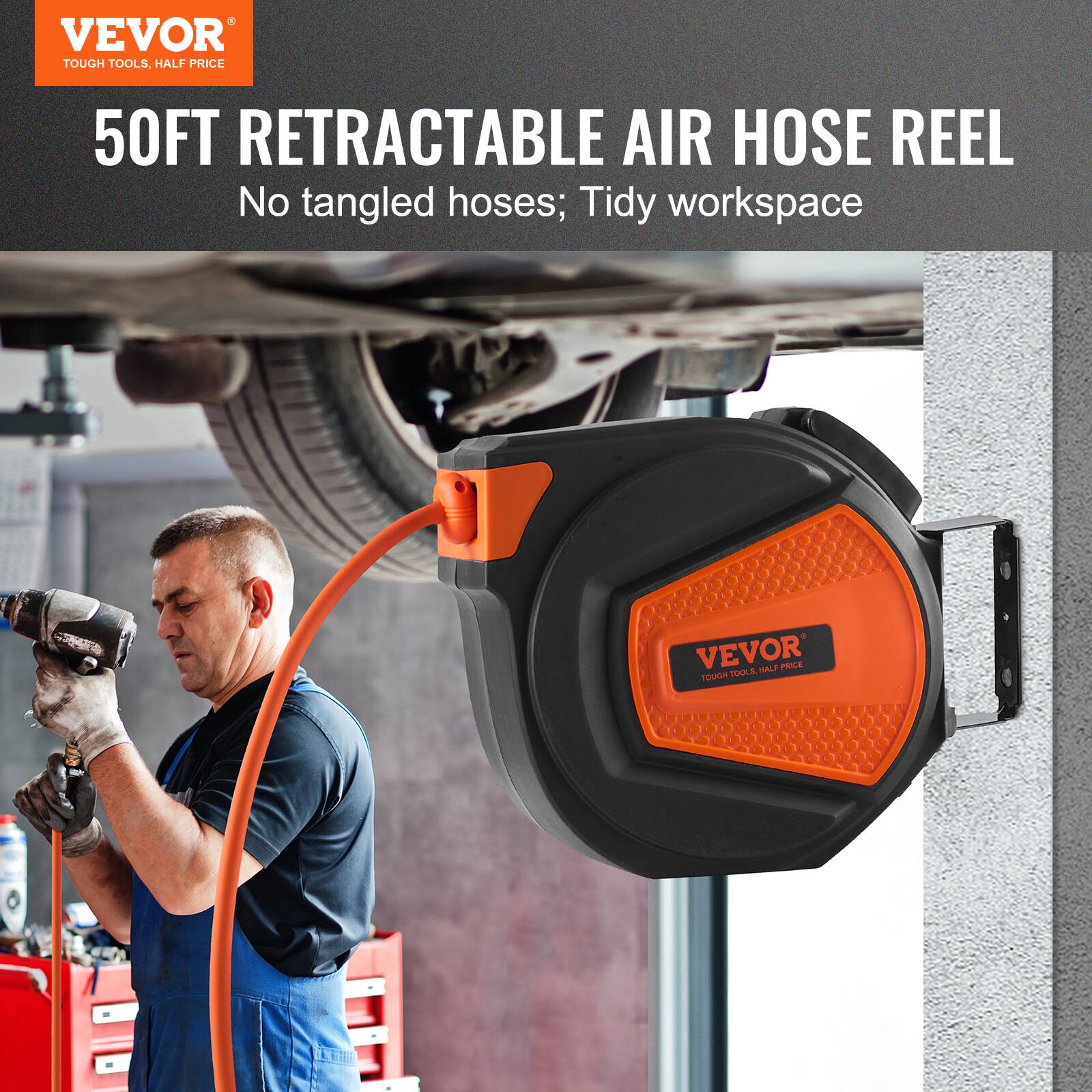 VEVOR TOUGH TOOLS. HALF PRICE 50FT RETRACTABLE AIR HOSE REEL No tangled hoses; Tidy workspace