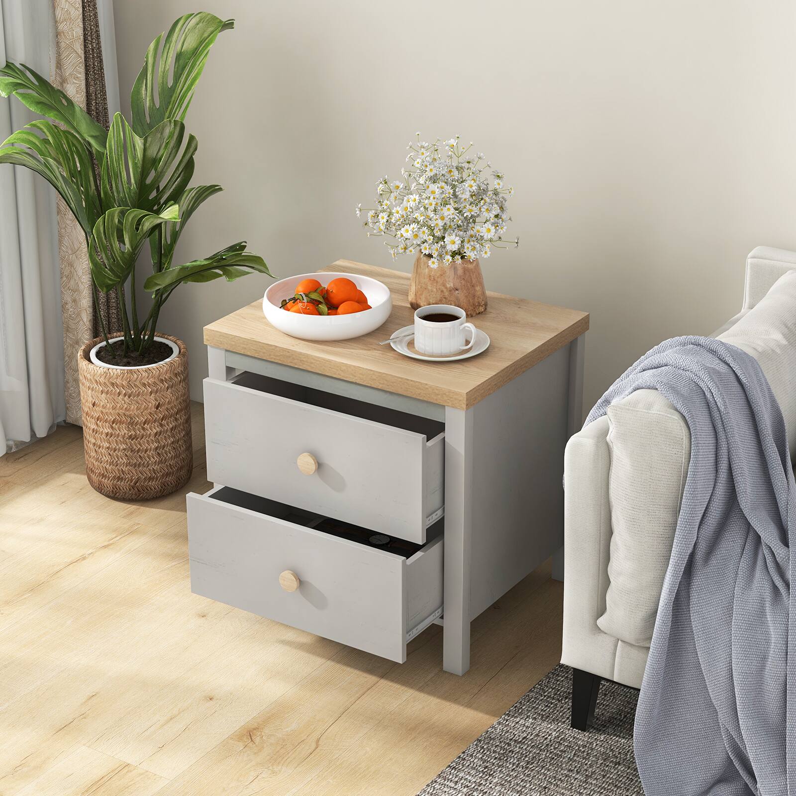 Alt View 1. Ecooso - 2 Drawer Nightstand with Solid Wood Legs Modern Bedside End Side Table for Bedroom - Gray.