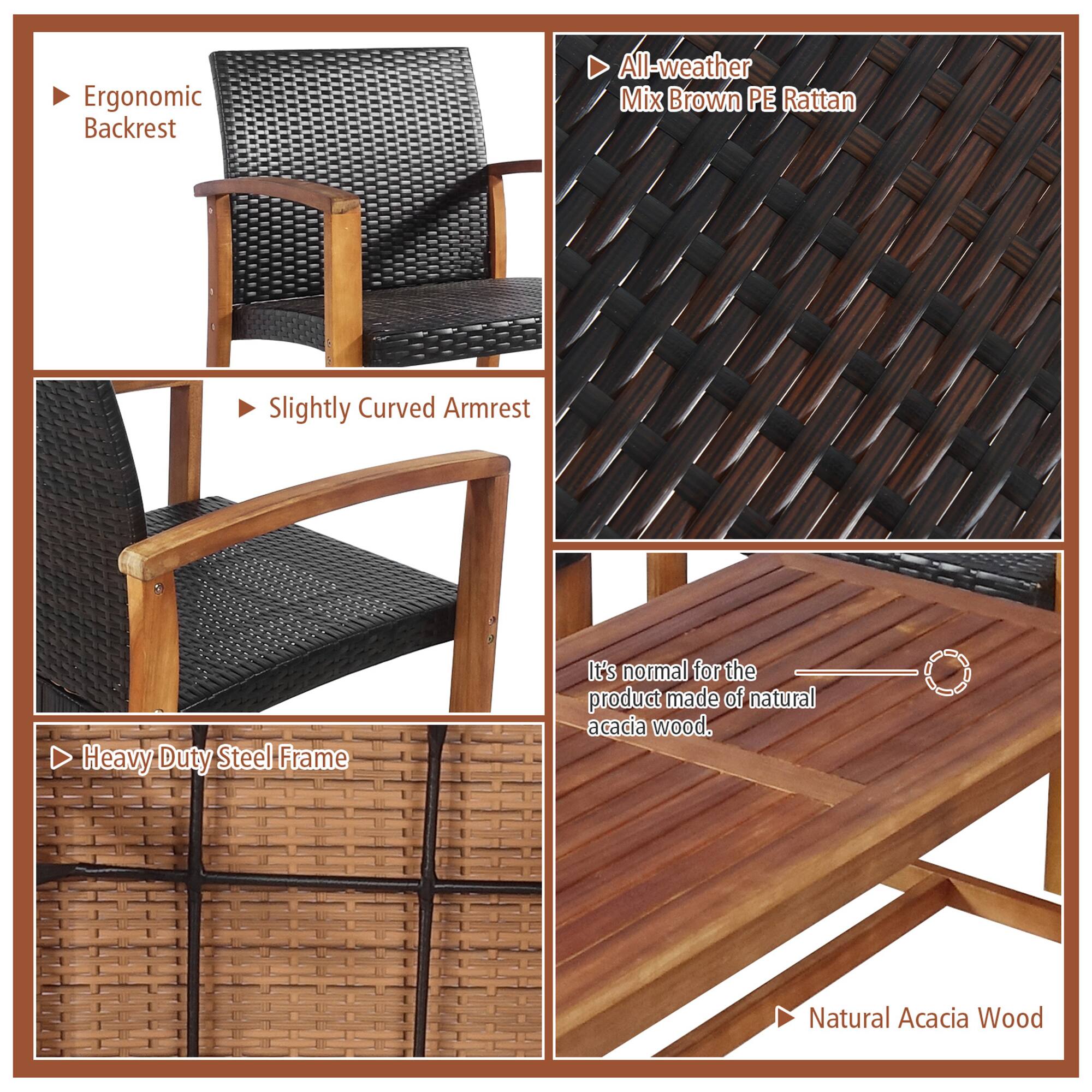 - Ergonomic Backrest
- Slightly Curved Armrest
- Heavy Duty Steel Frame
- All-weather Mix Brown PE Rattan
- It's normal for the product made of natural acacia wood.
- Natural Acacia Wood