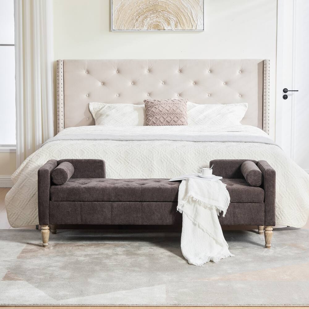 Left. Ropilly - Ropilly 64.6 inch Tufted Chenille Storage Bench, Flip-Top End of Bed Bench with Armrests and Backrest, Coffee - Coffee.