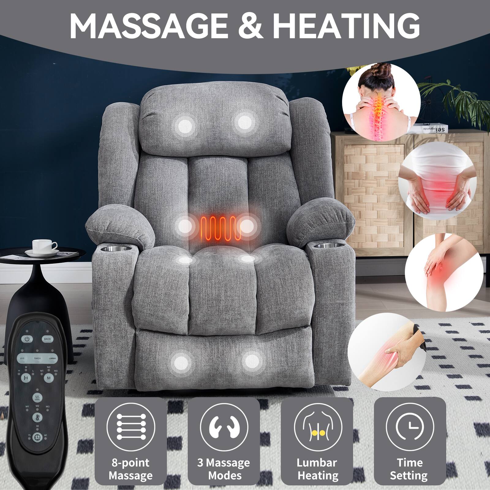 MASSAGE & HEATING

- 8-point Massage
- 3 Massage Modes
- Lumbar Heating
- Time Setting