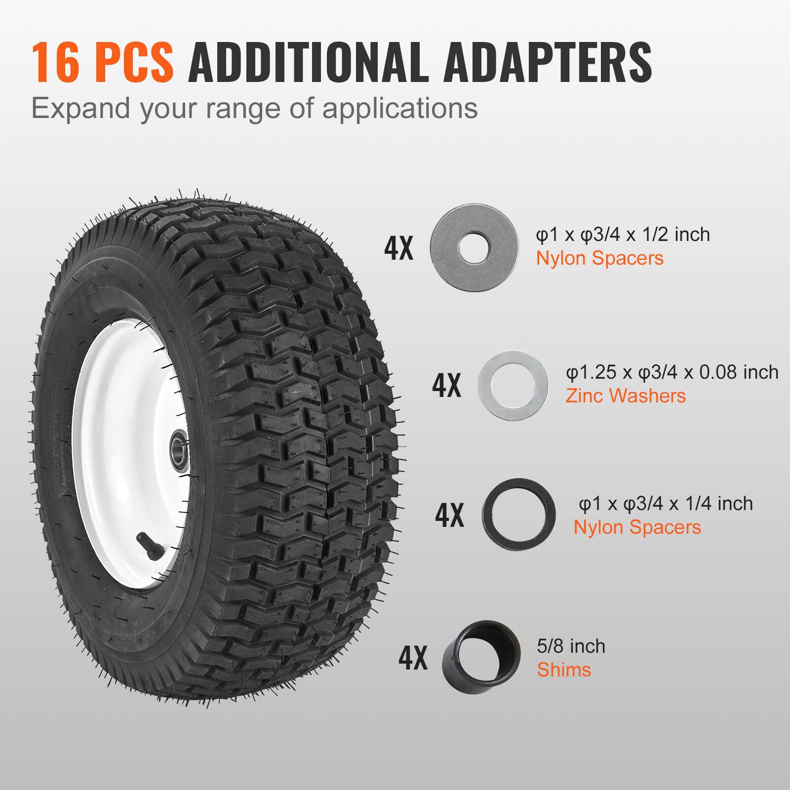 16 PCS ADDITIONAL ADAPTERS  
Expand your range of applications  

4X  
φ1 x φ3/4 x 1/2 inch  
Nylon Spacers  

4X  
φ1.25 x φ3/4 x 0.08 inch  
Zinc Washers  

4X  
φ1 x φ3/4 x 1/4 inch  
Nylon Spacers  

4X  
5/8 inch  
Shims