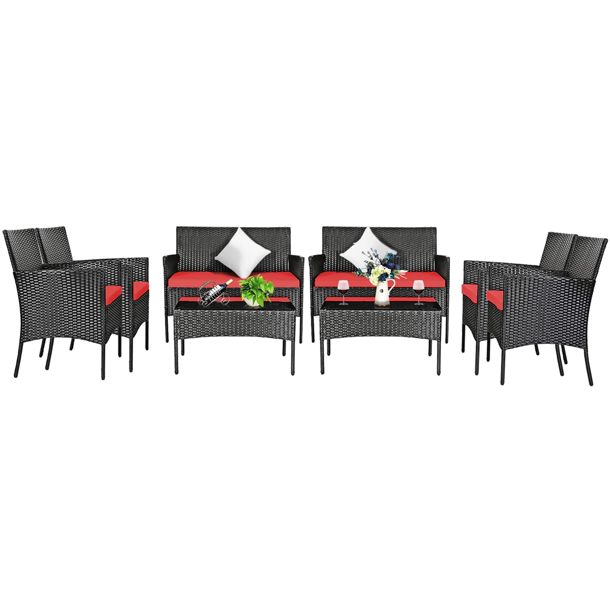 Front. Costway - Costway 8PCS Patio Rattan Furniture Set Cushioned Sofa Coffee Table Backyard Porch - Red.