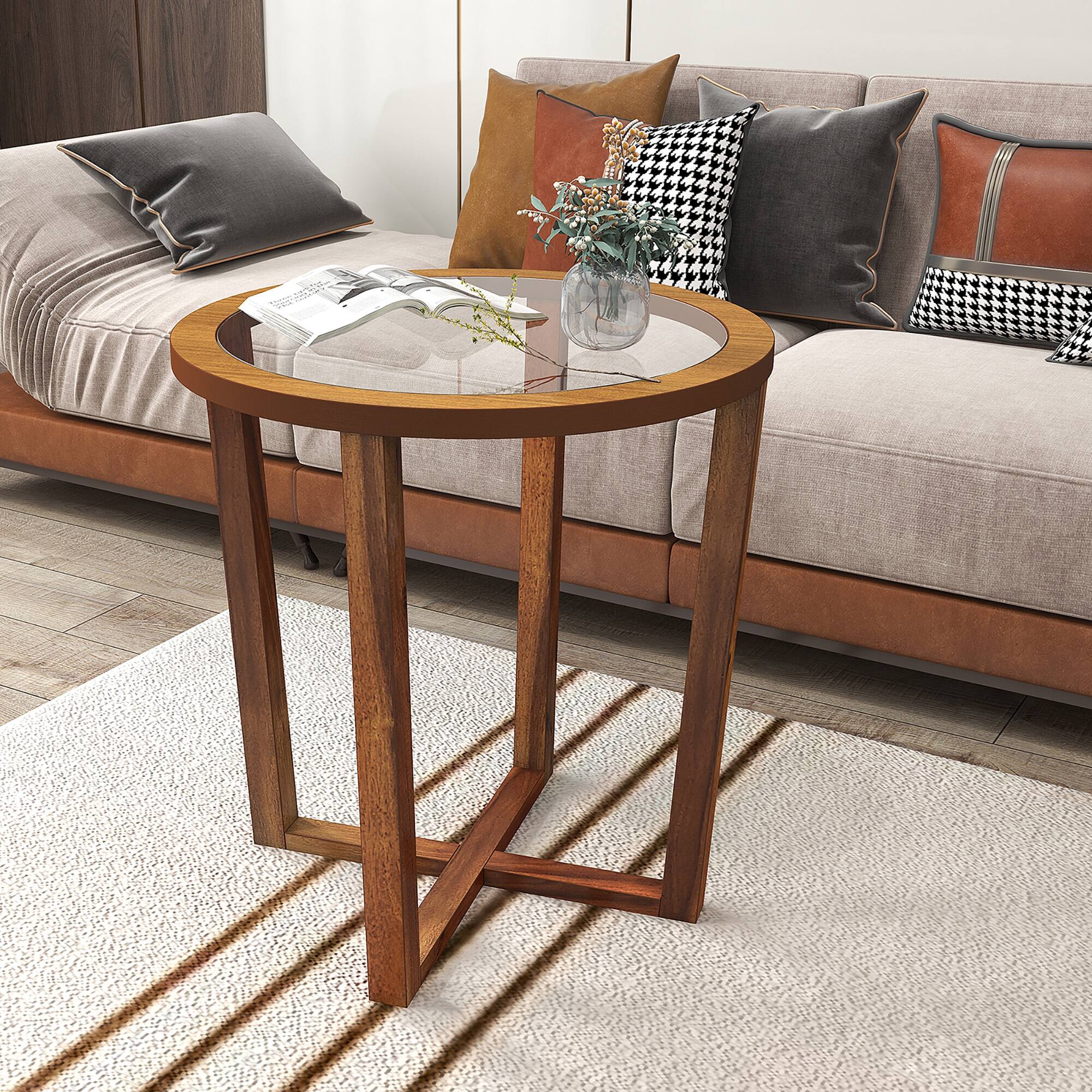 Alt View 1. Gymax - Gymax Modern Round End Table w/ Transparent Tempered Glass Top Solid Acacia Wood Legs - Brown.
