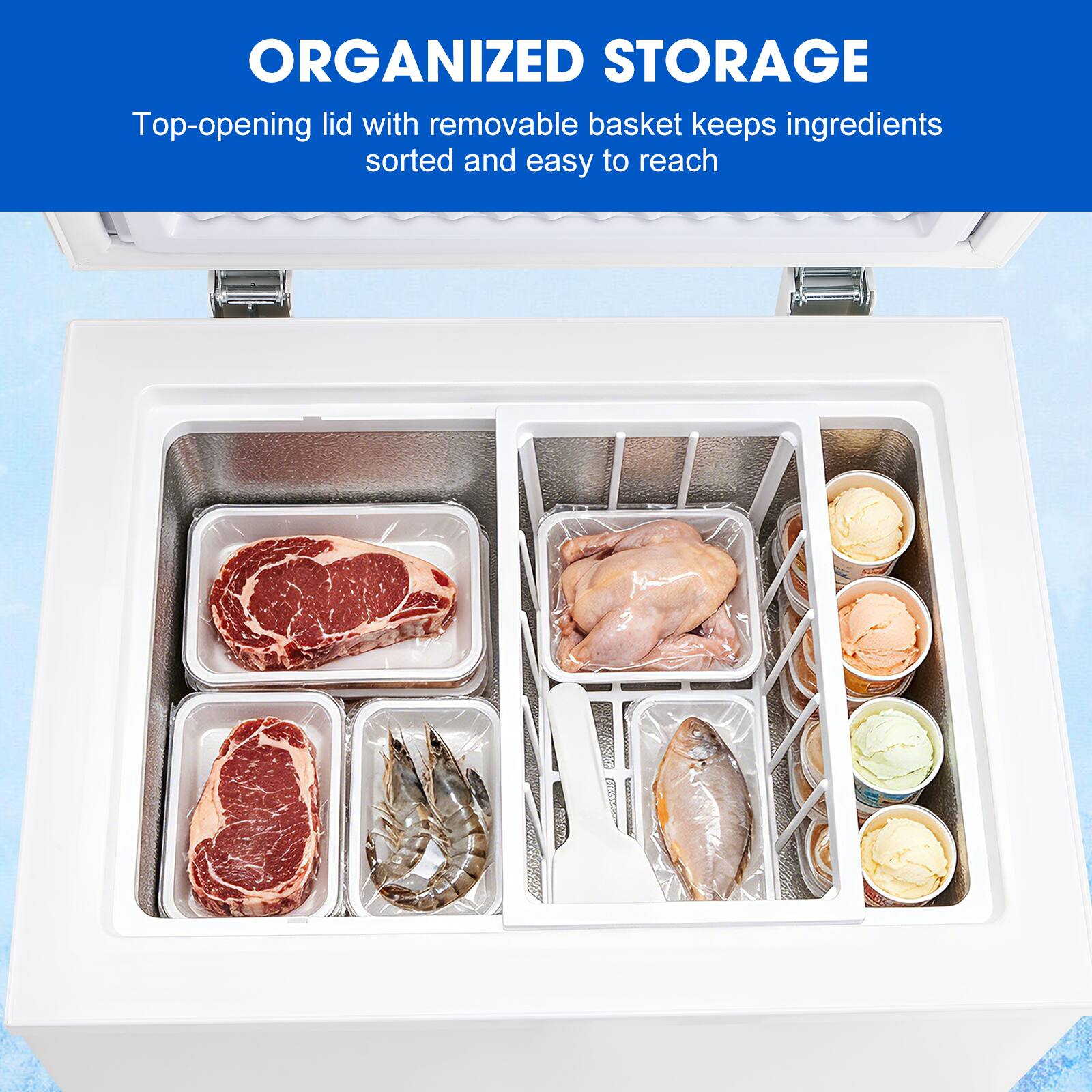 ORGANIZED STORAGE  
Top-opening lid with removable basket keeps ingredients sorted and easy to reach