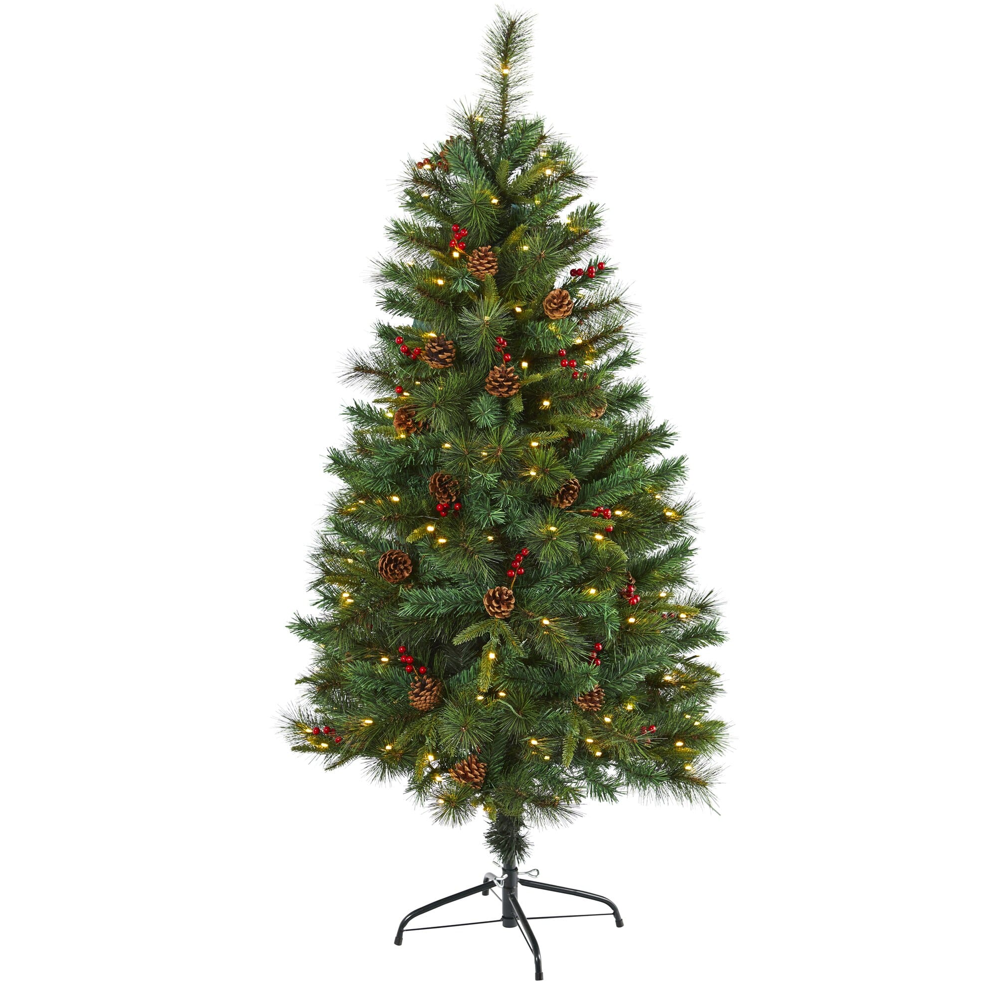 BreeBe - 5’ Pine Christmas Tree with 150 LEDs Pine Cones and Berries - Green