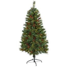 BreeBe - 5’ Pine Christmas Tree with 150 LEDs Pine Cones and Berries - Green