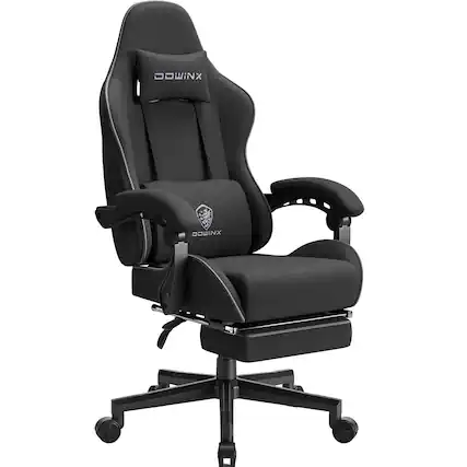 Front. Dowinx - Fabric Gaming Chair with Massage Lumbar Support, Ergonomic Office Chair with Adjustable Headrest and Footrest - Black.