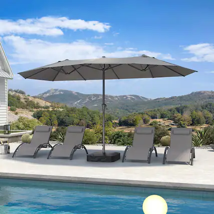 Front. PURPLE LEAF - 14 ft. Patio Market Umbrella with Base Double-Sided Outdoor Table Sun Umbrellas with Crank for Pool Beach Deck Backyard - Gray.