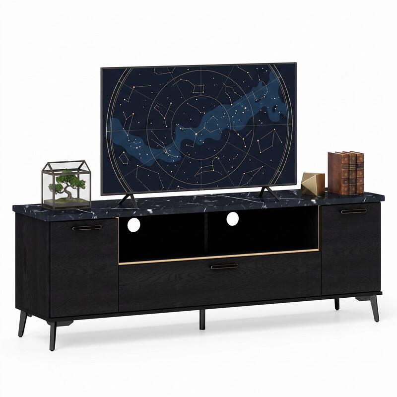 Left. WELLFOR - Mid Century Modern TV Stand for TVs up to 75 Inch,Entertainment Center with Flip Door Cabinet - Black.
