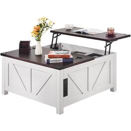 VEVOR - 36" Farmhouse Coffee Table, Hinged Lift Top Square Coffee Table with Built-in Power Strip, Wooden Rustic Cocktail Table - Brown, White