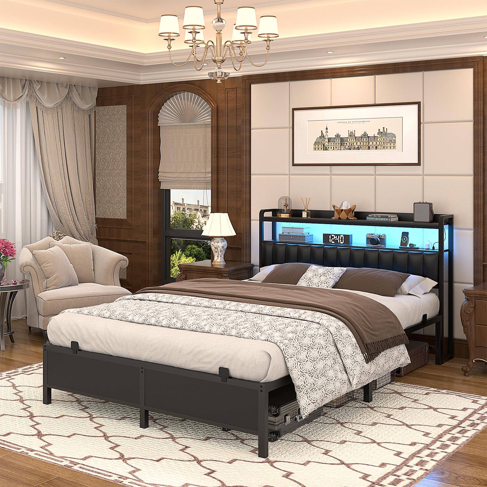 Back. Aheaplus - Upholstered Faux Leather Bed Frame: Charging Station, Adjustable Headboard, LED Lights & Steel Slat Support - Black.