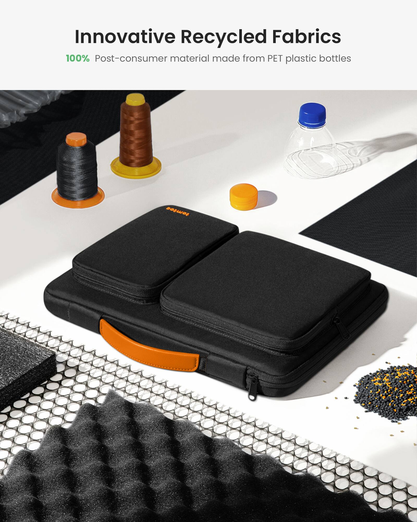 Innovative Recycled Fabrics: 100% Post-consumer material made from PET plastic bottles.