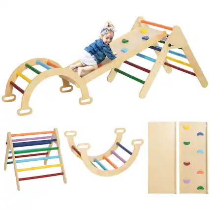 Front. Qaba - Pikler Triangle Set, 5 in 1 Indoor Toddler Climbing Toys with Ramp & Arch, Montessori Climbing Set, Baby Play Gym.