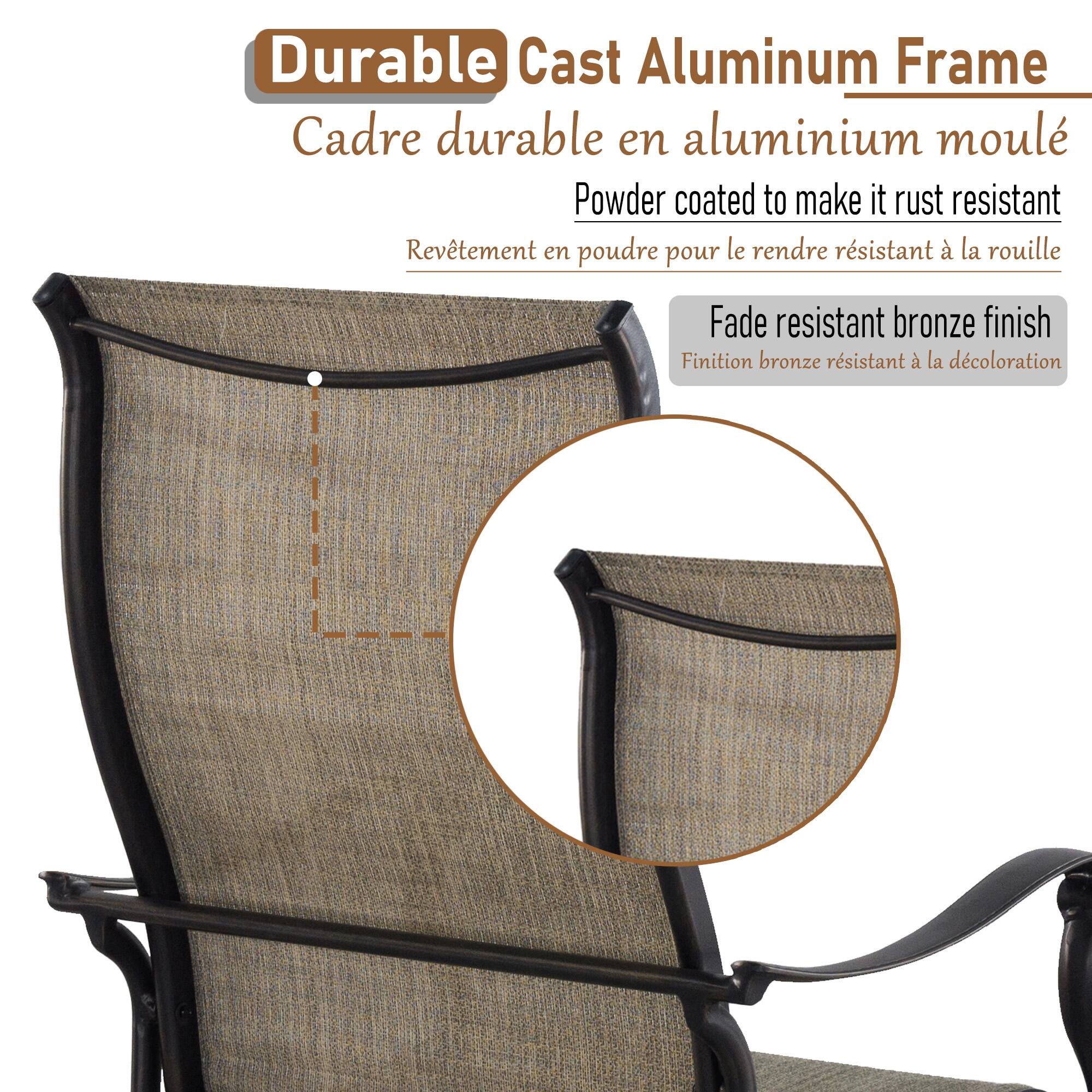 Durable Cast Aluminum Frame  
Cadre durable en aluminium moulé  

Powder coated to make it rust resistant  
Revêtement en poudre pour le rendre résistant à la rouille  

Fade resistant bronze finish  
Finition bronze résistant à la décoloration