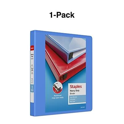 1-Pack  
Staples Heavy Duty Binder  
Reinforced rings open easily  
PVC  
1"  
3"  
100 Sheets