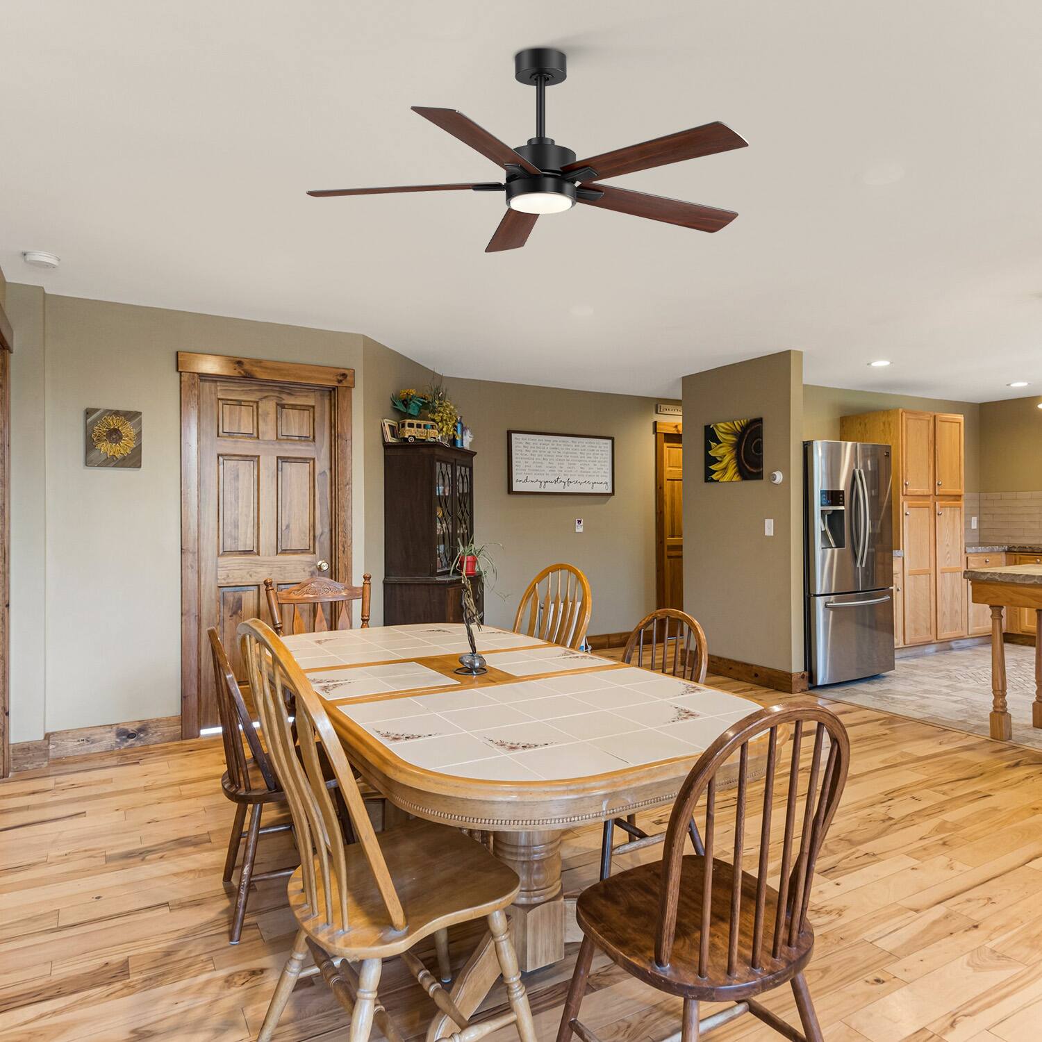 Alt View 6. Breezary - 52" Modern Indoor Ceiling Fan with LED Light, 5 Reversible Plywood Blades, 6-Speed DC Motor, Remote, Timer, 5" Downrod - Matte Black and Two-tone Wood Grain.