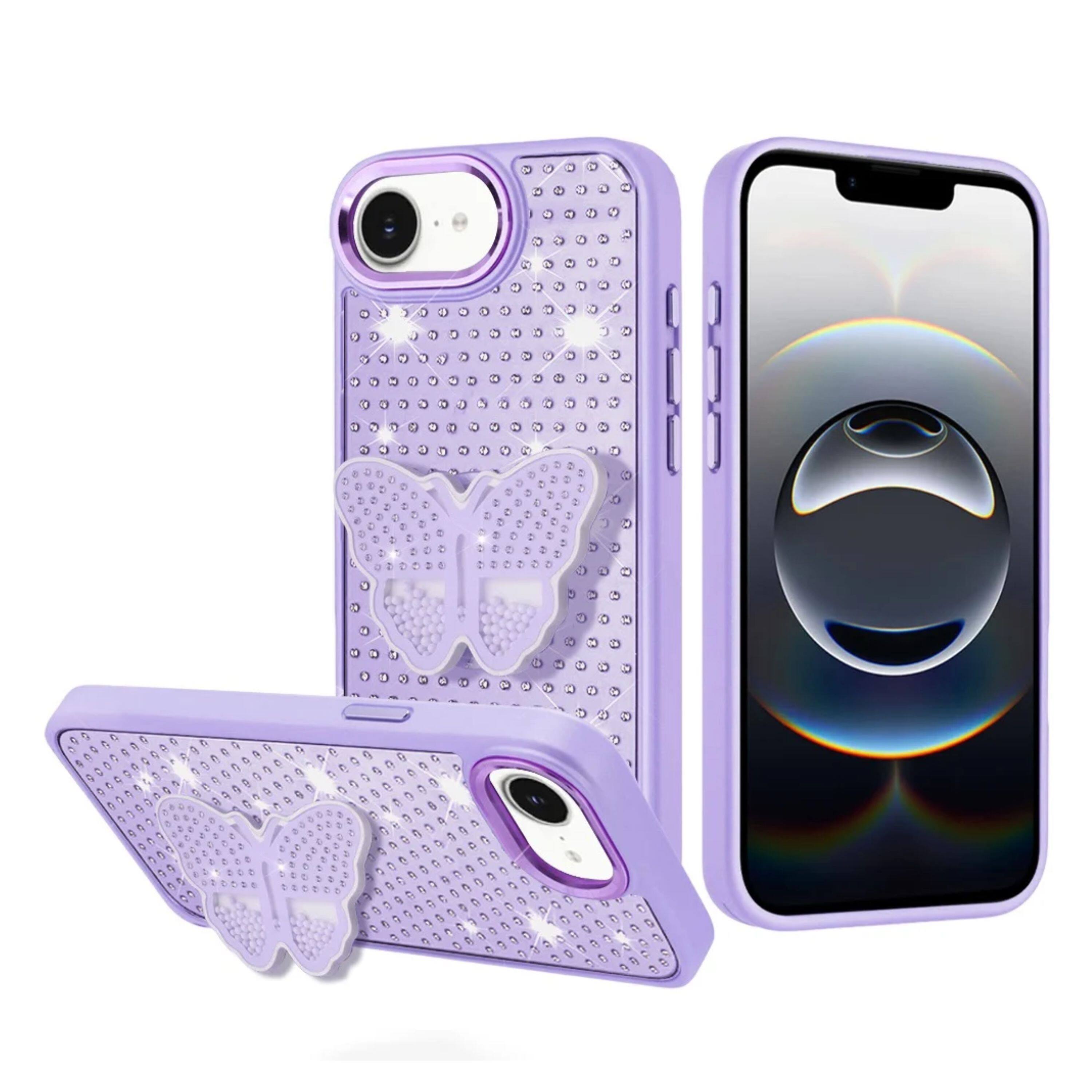 Angle. Kitcheniva - Butterfly Grip Stand Faux Crystals Phone Case With Tempered Glass For iPhone 16e/17e Purple - Purple.