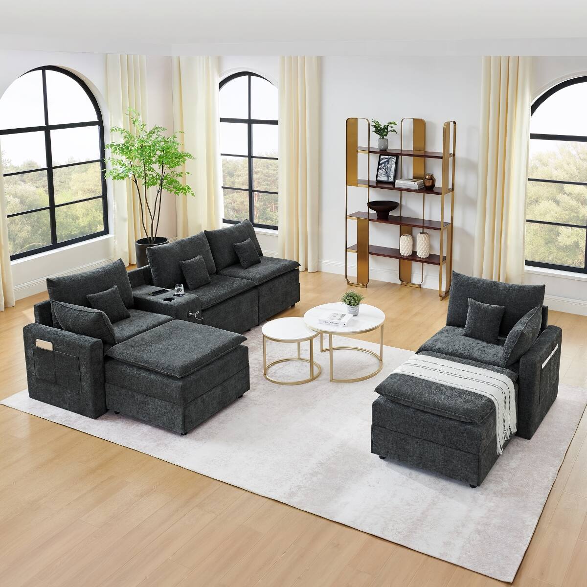 Alt View 1. Ropilly - Ropilly U Shaped Modular Sectional Sofa, Black Chenille Center Console Sectional for 6 Seat Living Room - Black.