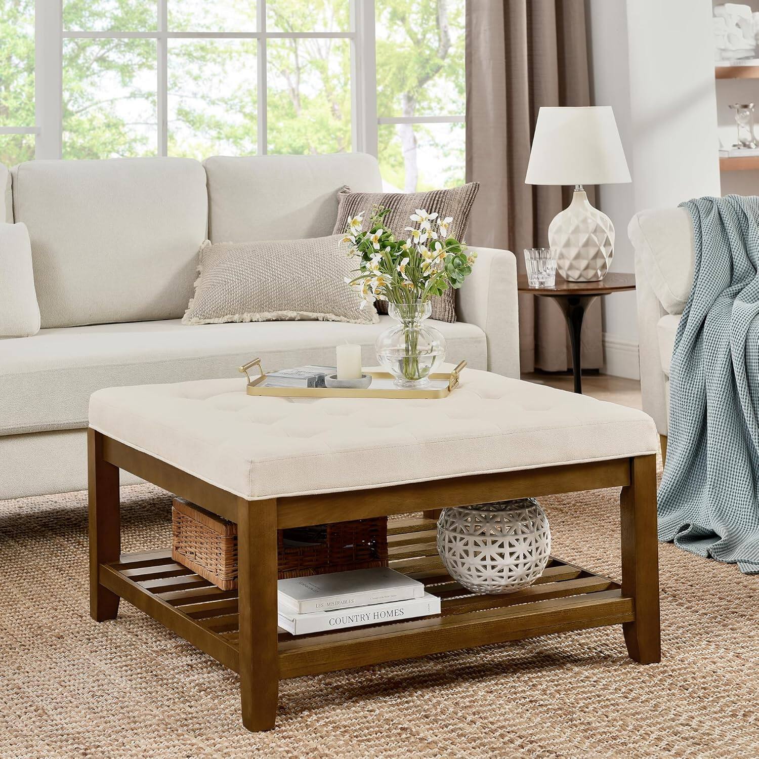 Trinkets Crazed - Large Square Upholstered Tufted Linen Ottoman Coffee Table, Large Footrest Ottoman with Solid Wood Shelf - IVORY