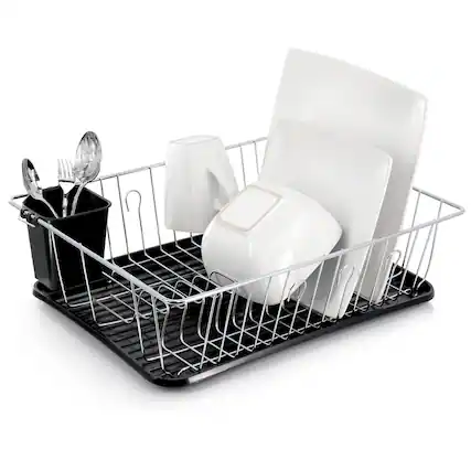 Front. MegaChef - Megachef 16 Inch Chrome Plated and Plastic Counter Top Drying Dish Rack in Black - Black.