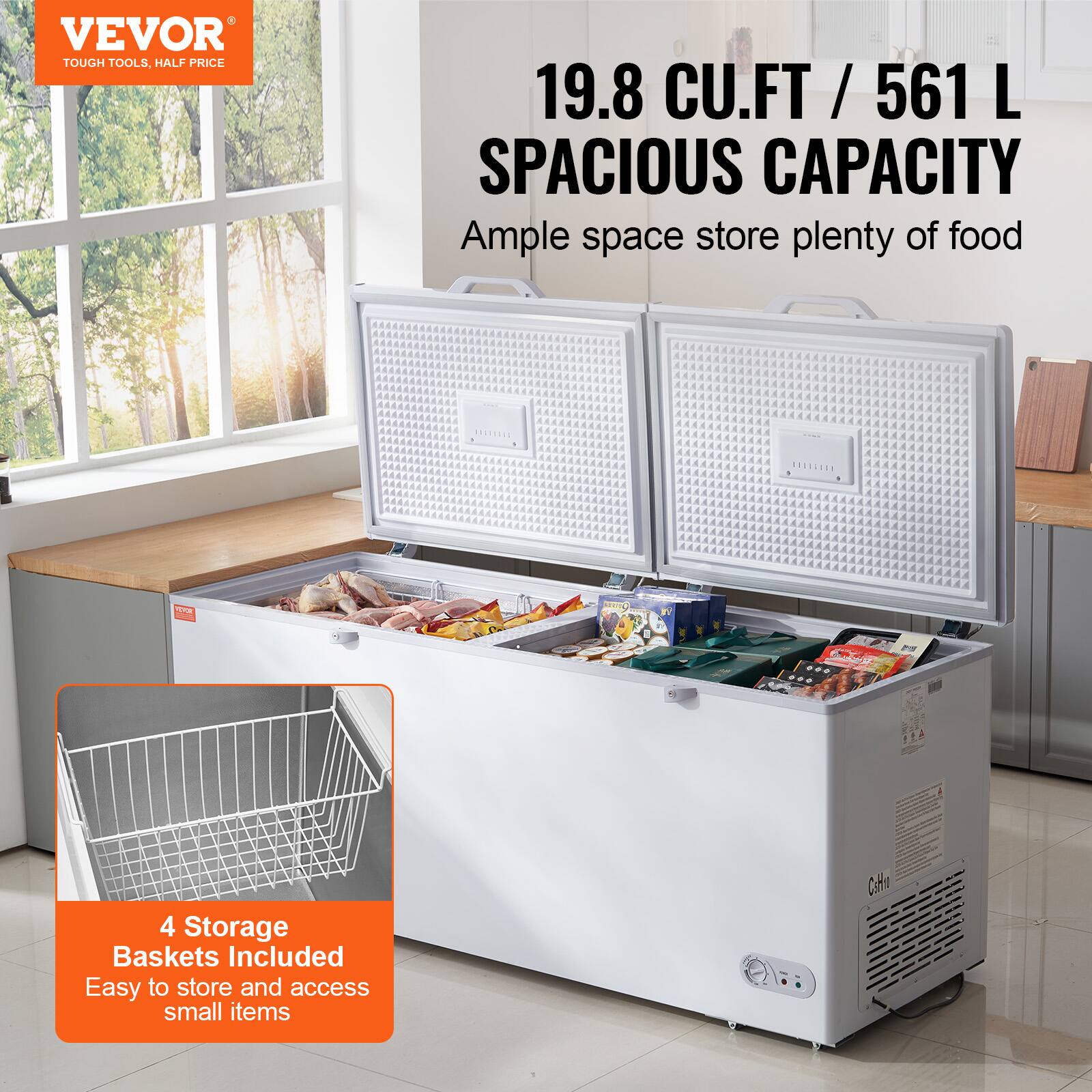 VEVOR  
TOUGH TOOLS, HALF PRICE  

19.8 CU.FT / 561 L  
SPACIOUS CAPACITY  
Ample space store plenty of food  

4 Storage Baskets Included  
Easy to store and access small items