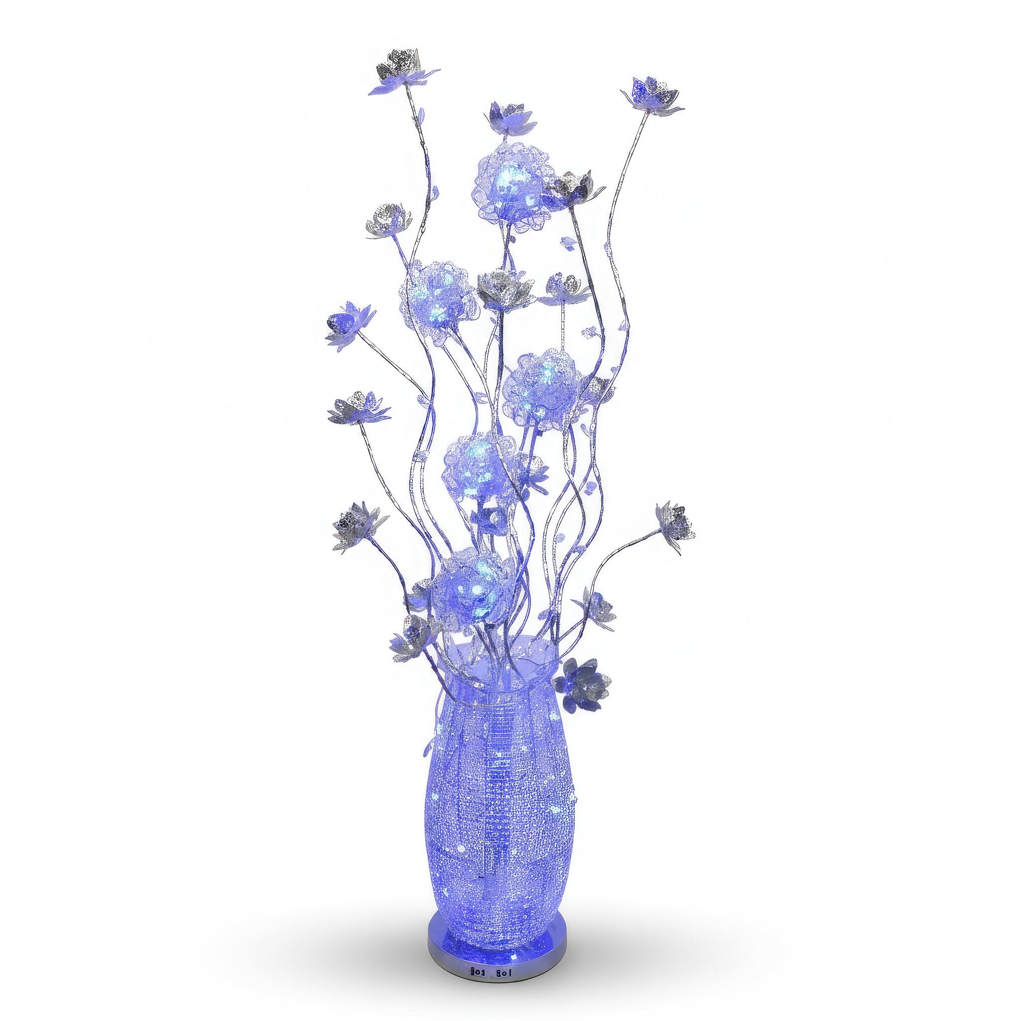Angle. FC Design - 59"H Purple  LED Petal Arrangement with Illuminated Black Base Floor Lamp.
