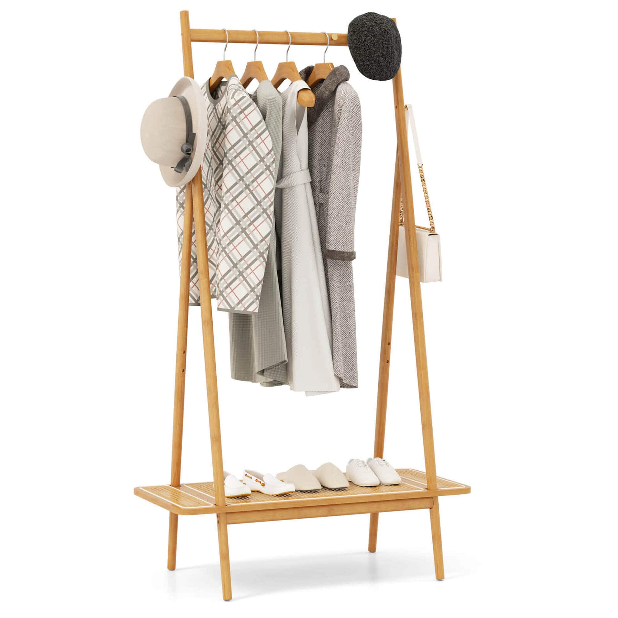 Costway - Bamboo Clothes Rack Clothing Rack with Hanging Rod Rattan Shelf & 5 Copper Hooks - Natural price history on PriceWatchPro