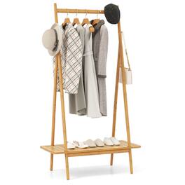 Costway - Bamboo Clothes Rack Clothing Rack with Hanging Rod Rattan Shelf & 5 Copper Hooks - Natural
