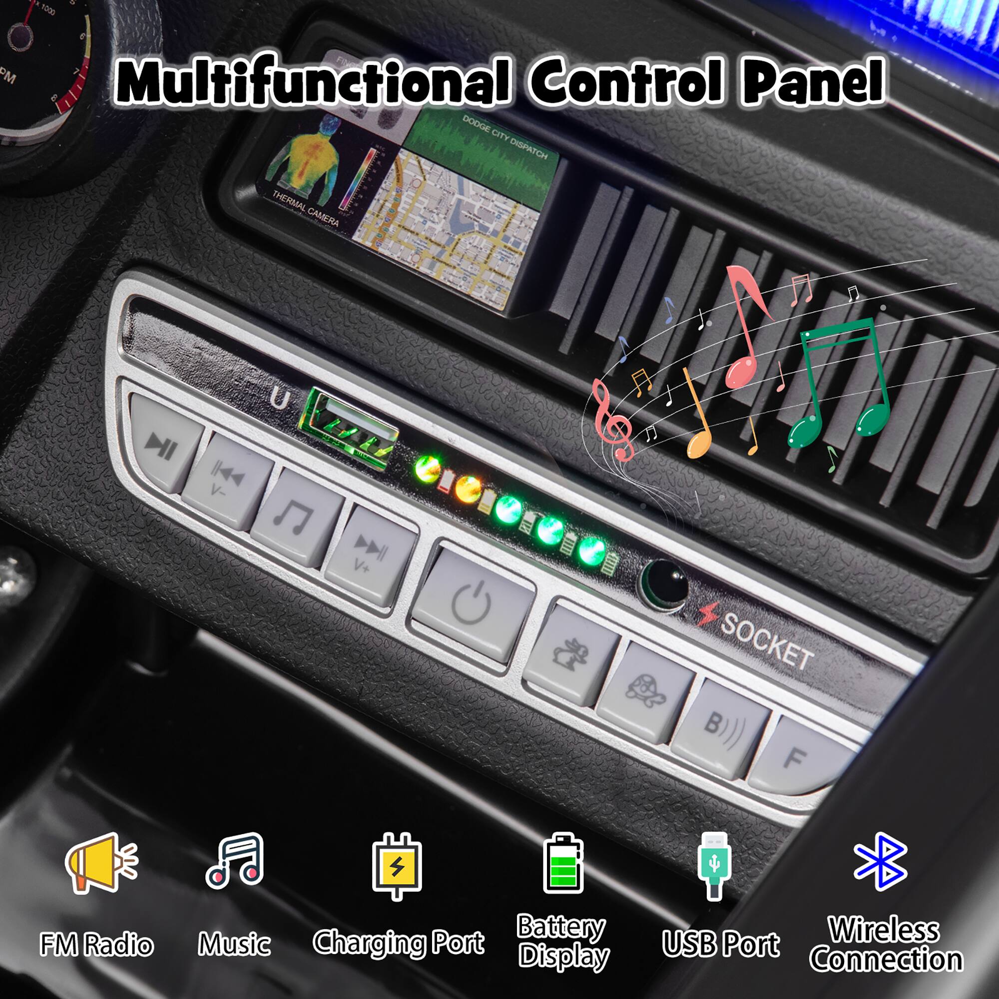 1000 PM Multifunctional Control Panel  
DODGE CITY DISPATCH THERMAL CAMERA  
U  
SOCKET  
FM Radio  
Port Battery Music Charging Display  
Wireless USB Port Connection