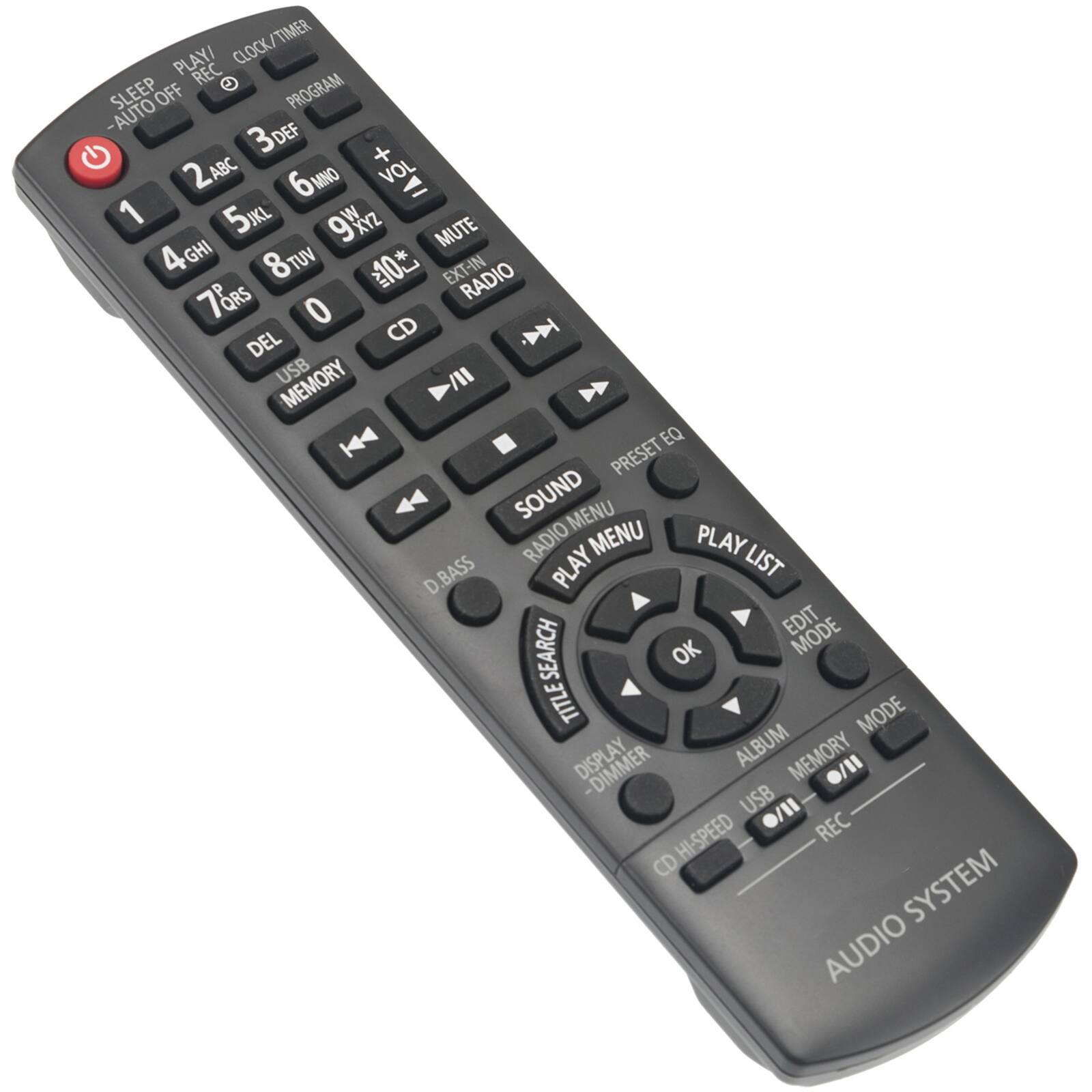 TIMER PLAY/CLOCK REC SLEEP OFF PROGRAM -AUTO 3DEF DEF + 2ABC 6 VOL 1 1 5KL JKL 9W XYZ GHI MUTE 4 VUT * 8 10 EXT-IN RADIO 7aRS 0 DEL CD NN USB MEMORY /I K EQ PRESET SOUND MENU RADIO MENU PLAY BASS PLAY LIST D EDIT MODE SEARCH OK TITLE MODE ALBUM MEMORY -DIMMER USB HI-SPEED REC CD SYSTEM AUDIO