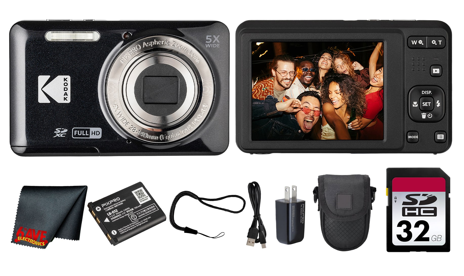 Kodak - PIXPRO FZ55 Digital Camera (Black) (FZ55BK) + 32GB Card + Case + Cleaning Cloth