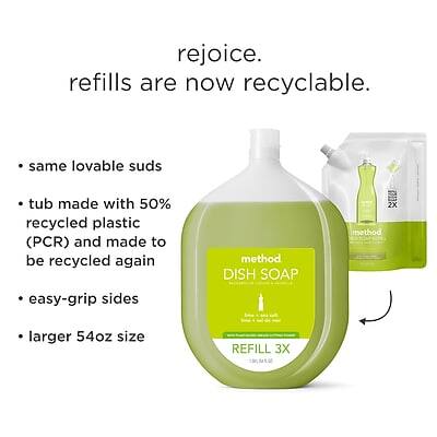 rejoice.  
refills are now recyclable.

- same lovable suds
- tub made with 50% recycled plastic (PCR) and made to be recycled again
- easy-grip sides
- larger 54oz size

method  
DISH SOAP  
REFILL 3X