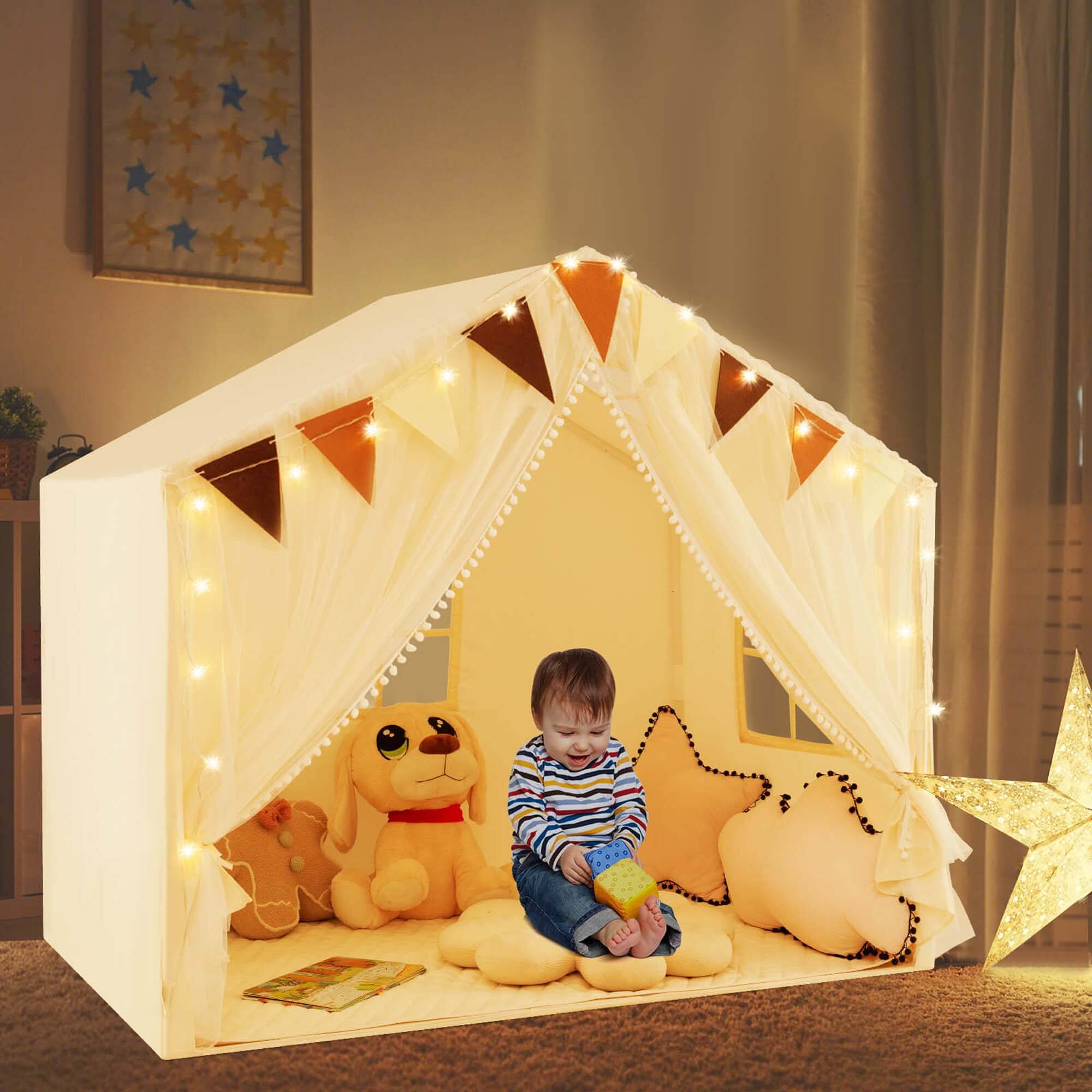 Alt View 3. Costway - Costway  Kids Play Tent with Door Curtains Windows Star Lights Colorful Flags Padded Mat - Beige.