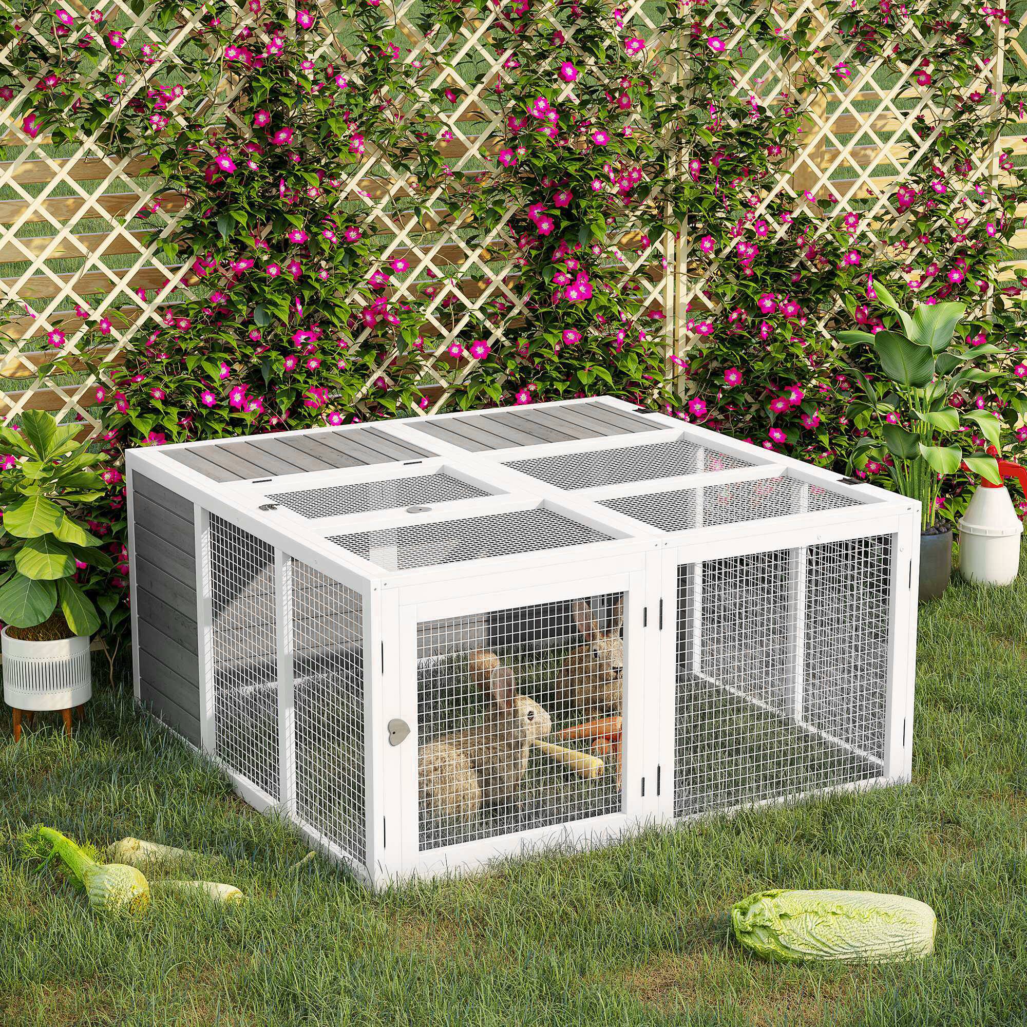 Angle. Pawhut - Wooden Rabbit Hutch Chicken Coop with Run, Outdoor Bunny Guinea Pig Cage, Openable Foldable Top, for Backyard, Garden.