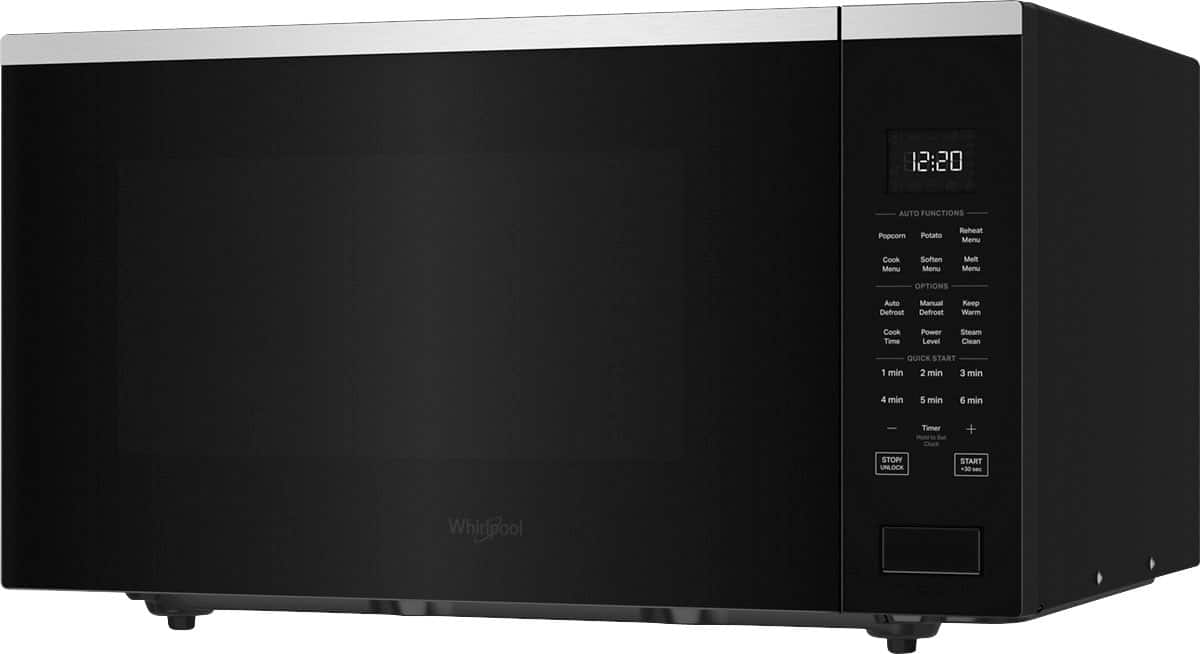 The text on the image reads:
12:20 AUTO FUNCTIONS
Popcorn Potato Reheat Menu
Cook Menu
Soften Menu
Meilt Menu
OPTIONS
Auto Defrost
Manual Defrost
Keep Warm
Cook Time
Power Level
Steam Clean
QUICK START
1 min
2 min
3 min
4 min
5 min
6 min
Timer to Set
Clock + STOP
UNLOCK
START +30 - Whirlpool