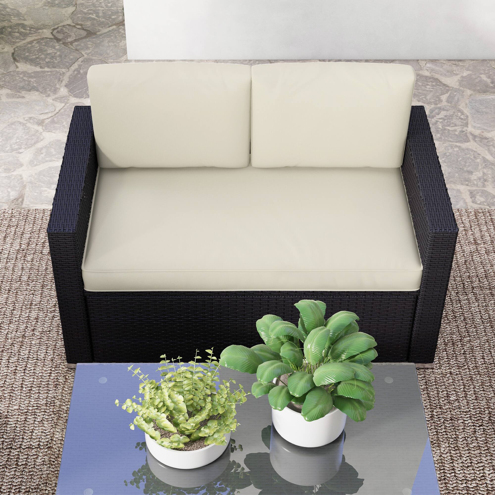 Alt View 7. Outsunny - 4 Piece Wicker Patio Furniture Set with Cushions, Outdoor Sectional Furniture with 2 Sofa, Loveseat, and Coffee Table - Cream White.
