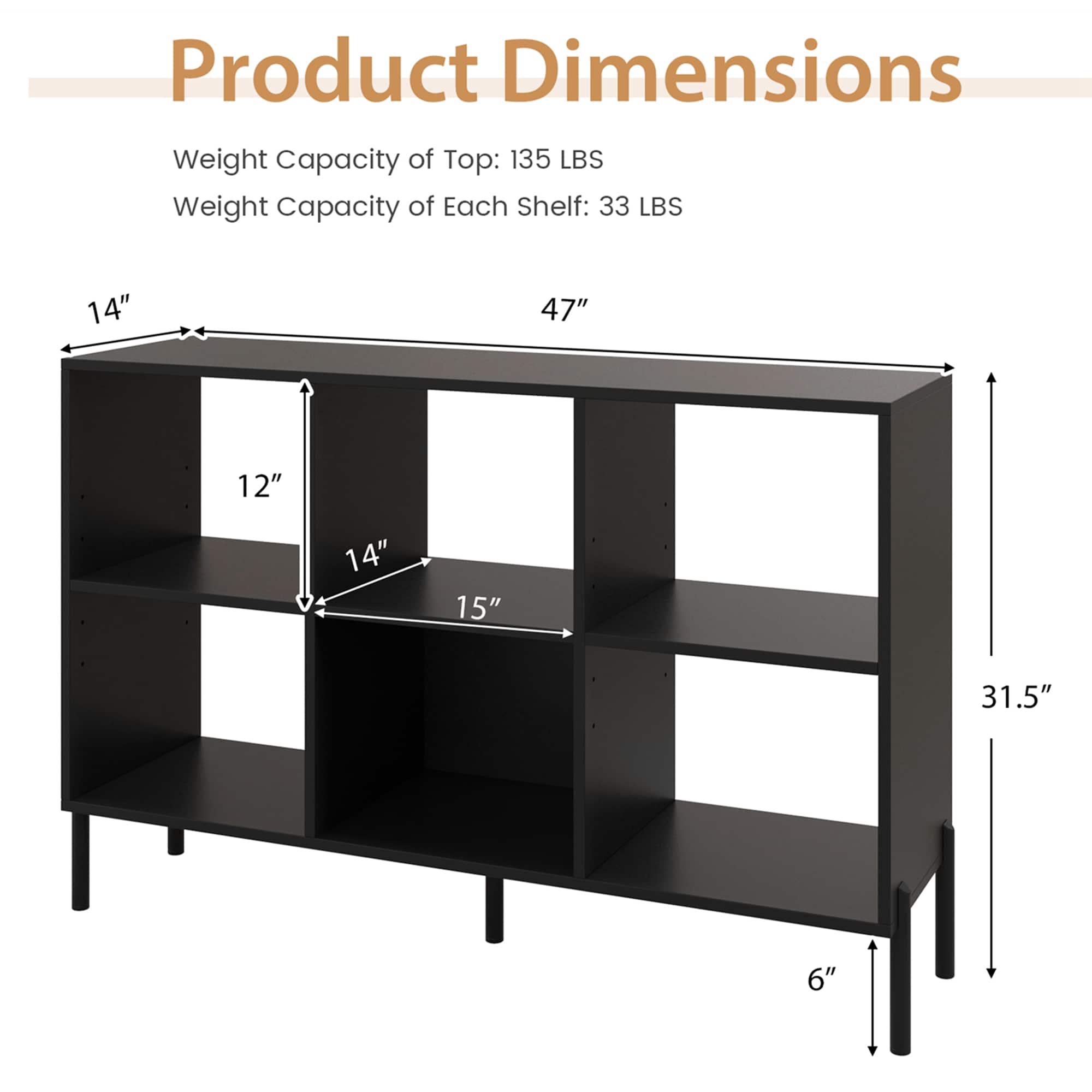 Product Dimensions:
- Weight Capacity of Top: 135 LBS
- Weight Capacity of Each Shelf: 33 LBS
- Dimensions: 14" x 47" x 12" x 14" x 15" x 31.5" x 6"