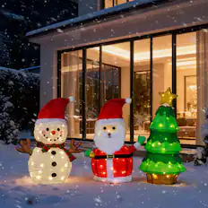 Front. Winado - Set of 3 Lighted Santa, Snowman and Xmas Tree Christmas Decoration with 150 LED Lights for In/Outdoor Yard Decoration - Multicolor.