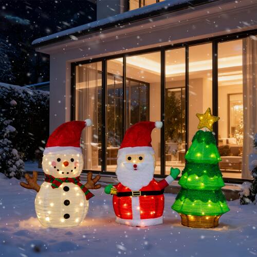 Front. Winado - Set of 3 Lighted Santa, Snowman and Xmas Tree Christmas Decoration with 150 LED Lights for In/Outdoor Yard Decoration - Multicolor.