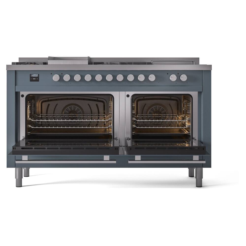 Alt View 1. ILVE - ILVE Professional Plus II Series 60 in. Dual Fuel Range with 7 Sealed Burners + Griddle (Liquid Propane, Satin Trim) - Blue Grey.
