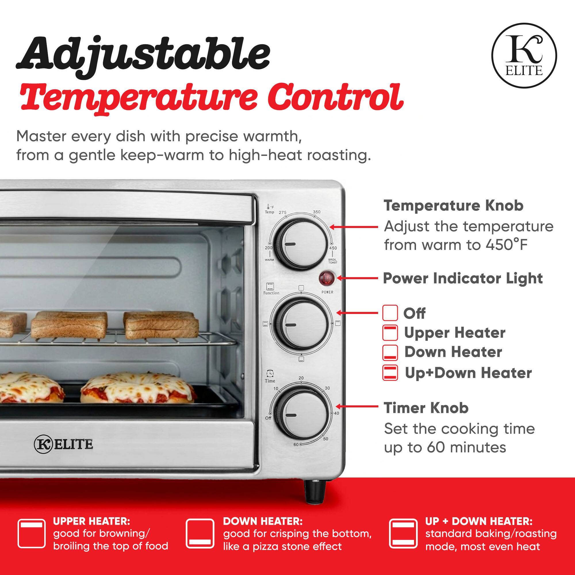 Adjustable Temperature Control

Master every dish with precise warmth, from a gentle keep-warm to high-heat roasting.

ELITE

Temperature Knob
Adjust the temperature from warm to 450°F

Power Indicator Light
- Off
- Upper Heater
- Down Heater
- Up+Down Heater

Timer Knob
Set the cooking time up to 60 minutes

UPPER HEATER:
good for browning/ broiling the top of food

DOWN HEATER:
good for crisping the bottom, like a pizza stone effect

UP + DOWN HEATER:
standard baking/roasting mode, most even heat