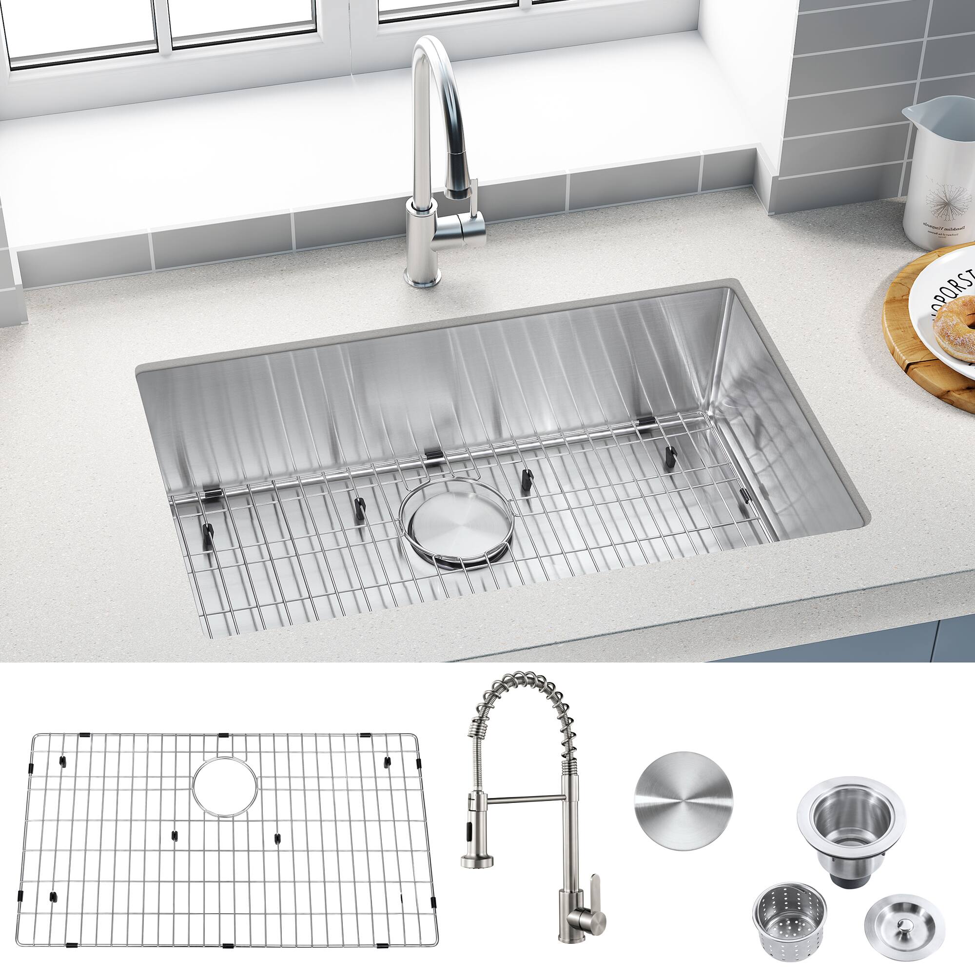 Left. Akicon - Akicon 30 in. Undermount Single Bowl 18-Gauge Kitchen Sink and Pull-Down Faucet with Bottom Grid and Basket Strainer - Silver.