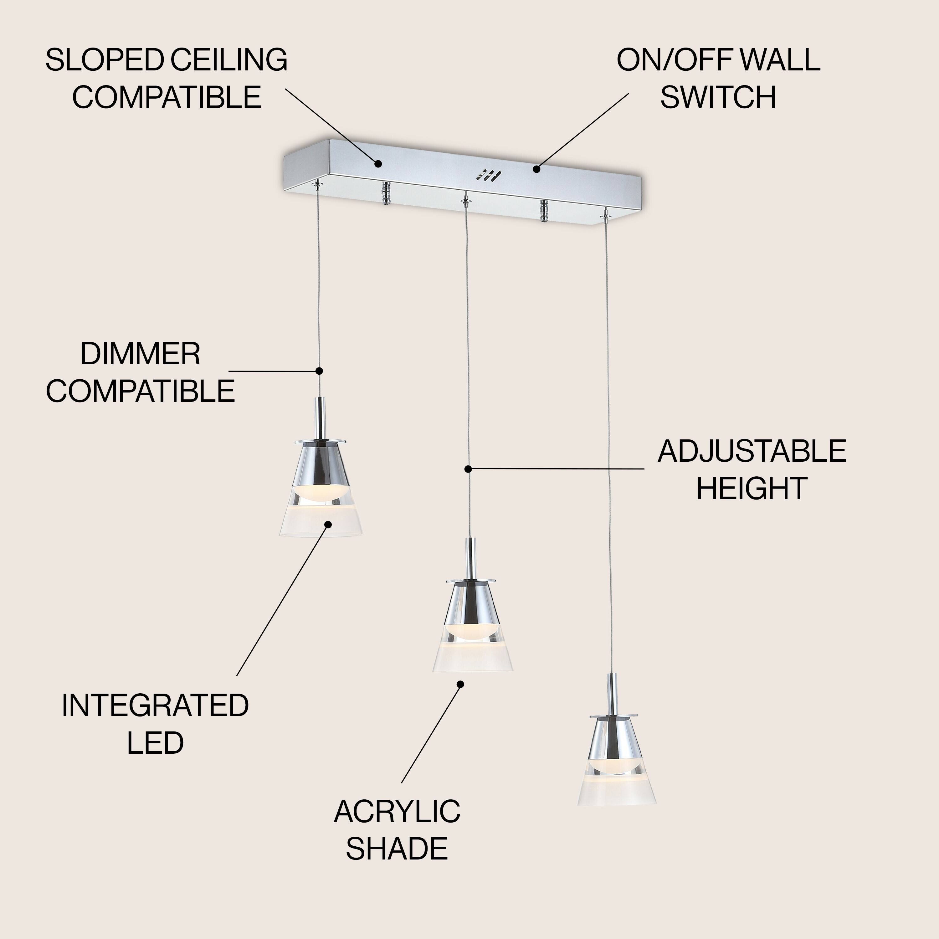 SLOPED CEILING COMPATIBLE  
ON/OFF WALL SWITCH  
DIMMER COMPATIBLE  
ADJUSTABLE HEIGHT  
INTEGRATED LED  
ACRYLIC SHADE