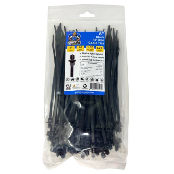 GRIZZLY 8" Black Fir Tree Cable Ties, 1.9" 100 Flexible Nylon Material. Push into hole to mount and secure. Ideal for Outdoors. Available at GrizzlySupply.com.