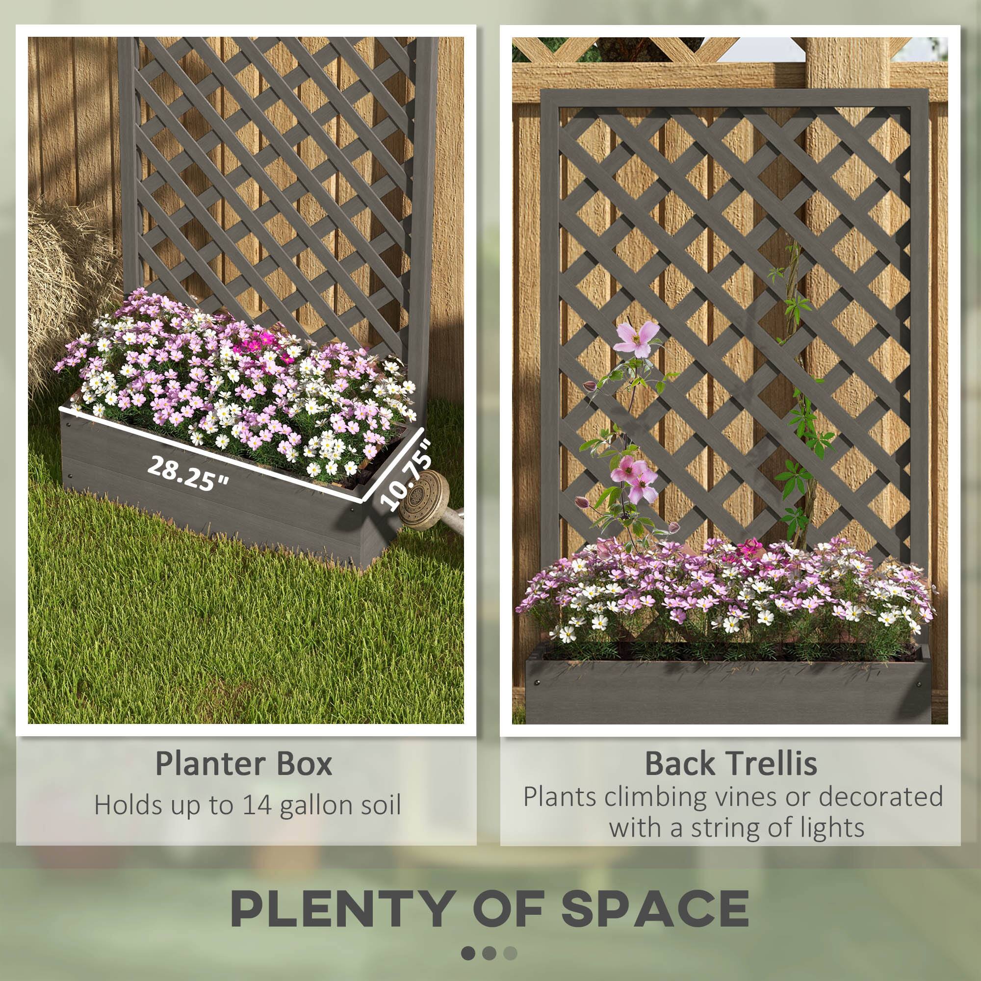 28.25" x 10.75" Planter Box
- Holds up to 14 gallons of soil
- Back Trellis
- Plants climbing vines or decorated with a string of lights
- Plenty of space