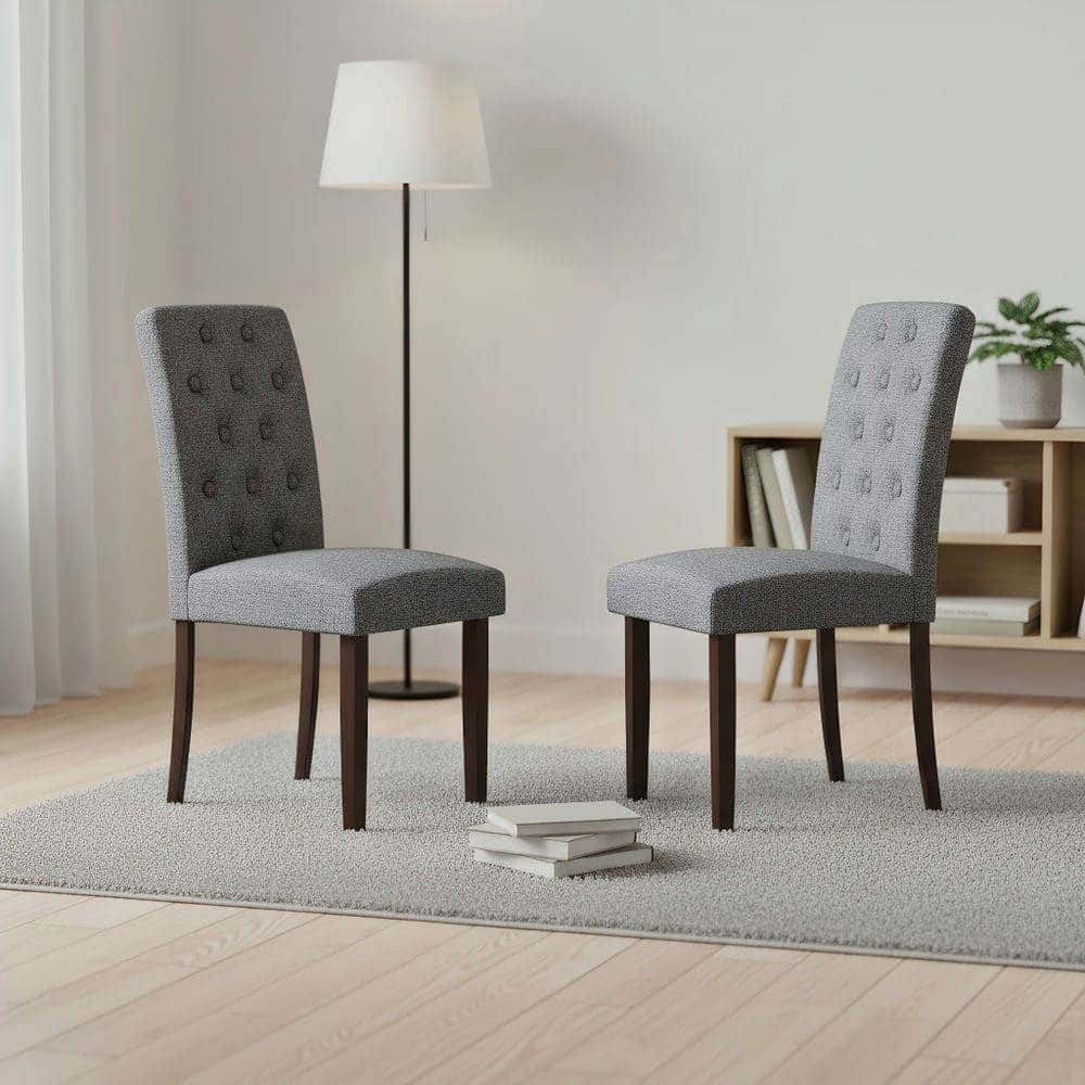 Kadyn - Set of 2 Button-Tufted Upholstered Dining Chairs with High Curved Back, Fabric and Brown Frame - Gray