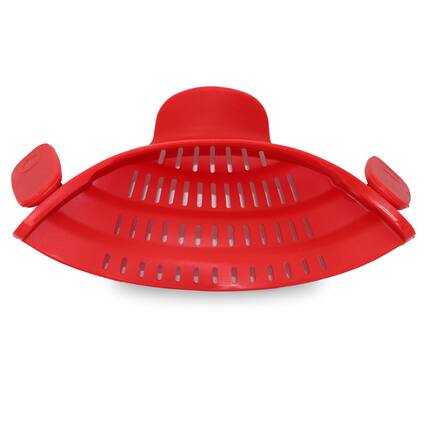 Front. Cheer Collection - Silicone Clip on Pot Strainer, Heat-resistant Snap-on - for Pasta, Noodles Etc - Red.