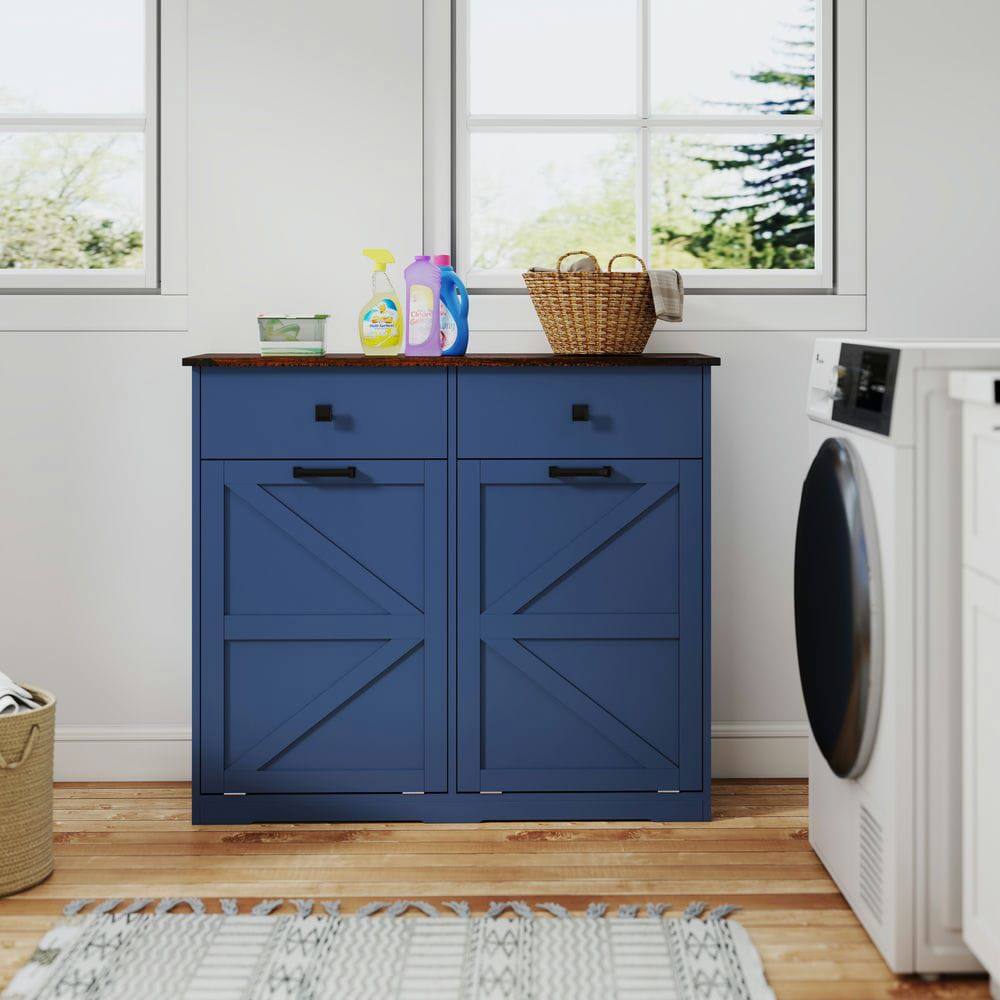 Alt View 9. Kadyn - Farmhouse Blue Double Tilt Out Trash Cabinet for 20 Gallon Trash Cans, Free Standing Recycling Cabinet - Blue.